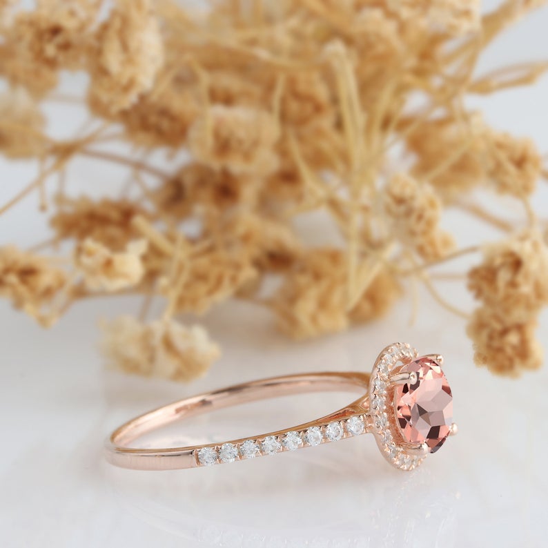1 CT Round Cut Pink Morganite Diamond 925 Sterling Silver Halo Promise Ring