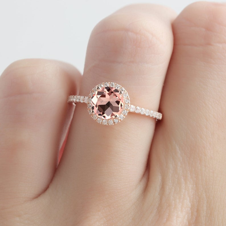 1 CT Round Cut Pink Morganite Diamond 925 Sterling Silver Halo Promise Ring