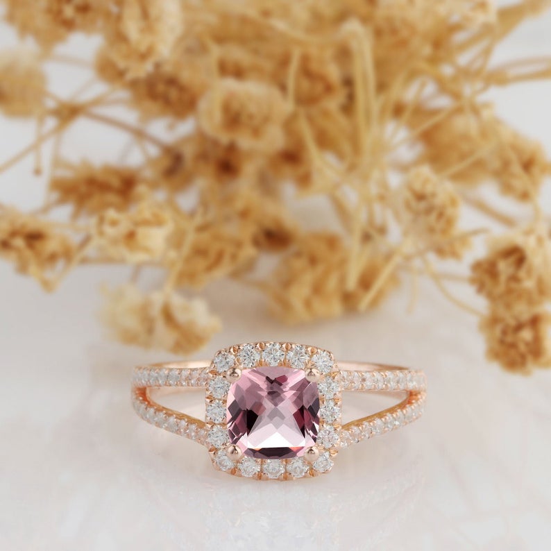 1 CT Cushion Pink Morganite Diamond Rose Gold Over On 925 Sterling Silver Split Shanks Halo Wedding Ring