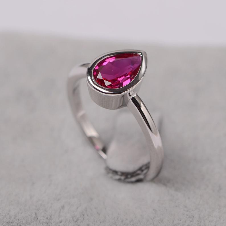 1.00 Ct Pear Cut Pink Ruby Solitaire July Birthstone Ring In 925 Sterling Silver