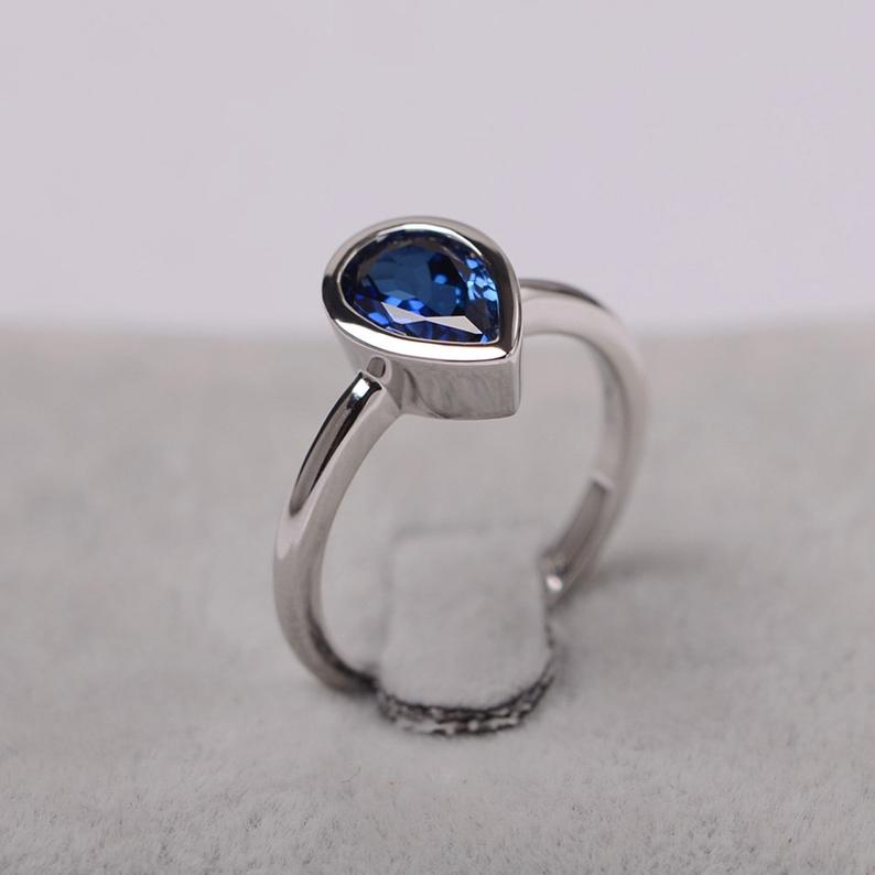 1.00 Ct Pear Cut Blue Sapphire Solitaire September Birthstone Ring In 925 Sterling Silver