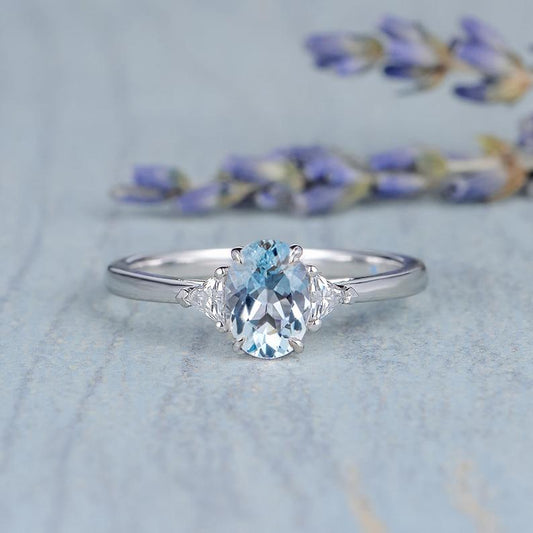 1.20 Ct Oval Cut Aquamarine & Trillion CZ Three-Stone Promise Gift Ring In 925 Sterling Silver