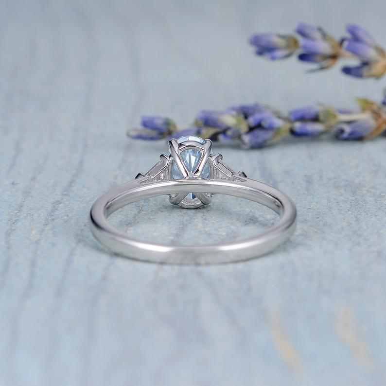 1.20 Ct Oval Cut Aquamarine & Trillion CZ Three-Stone Promise Gift Ring In 925 Sterling Silver