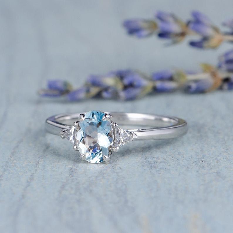 1.20 Ct Oval Cut Aquamarine & Trillion CZ Three-Stone Promise Gift Ring In 925 Sterling Silver