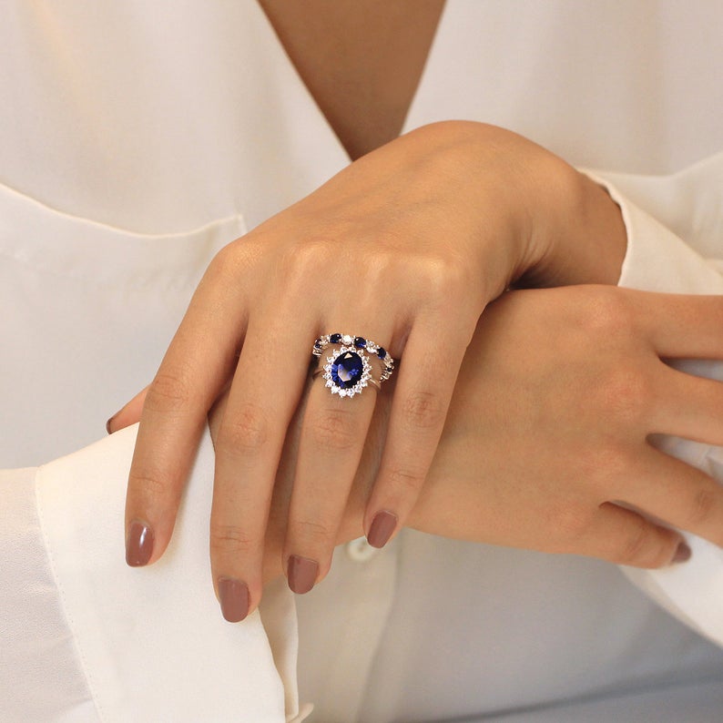 4 CT Oval Cut Blue Sapphire Diamond 925 Sterling Silver Halo Anniversary Bridal Ring Set