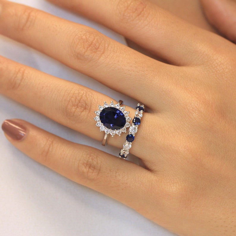 4 CT Oval Cut Blue Sapphire Diamond 925 Sterling Silver Halo Anniversary Bridal Ring Set