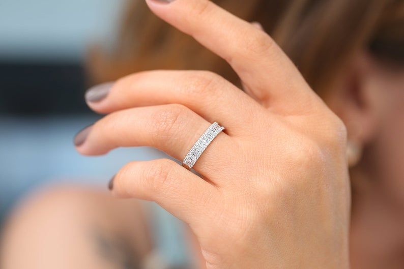 1.20 Ct Baguette Cut Diamond Half Eternity Engagement Band Ring In 925 Sterling Silver