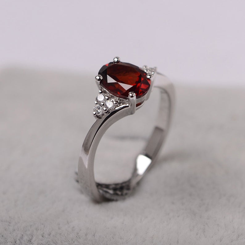 1.75 Ct Oval Cut Red Garnet 925 Sterling Silver Solitaire W/Accents Anniversary Gift Ring For Her
