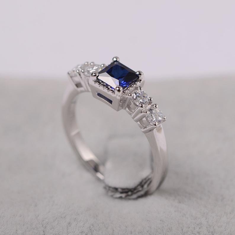 2.20 Ct Princess Cut Blue Sapphire 925 Sterling Silver Solitaire W/Accents Wedding Ring