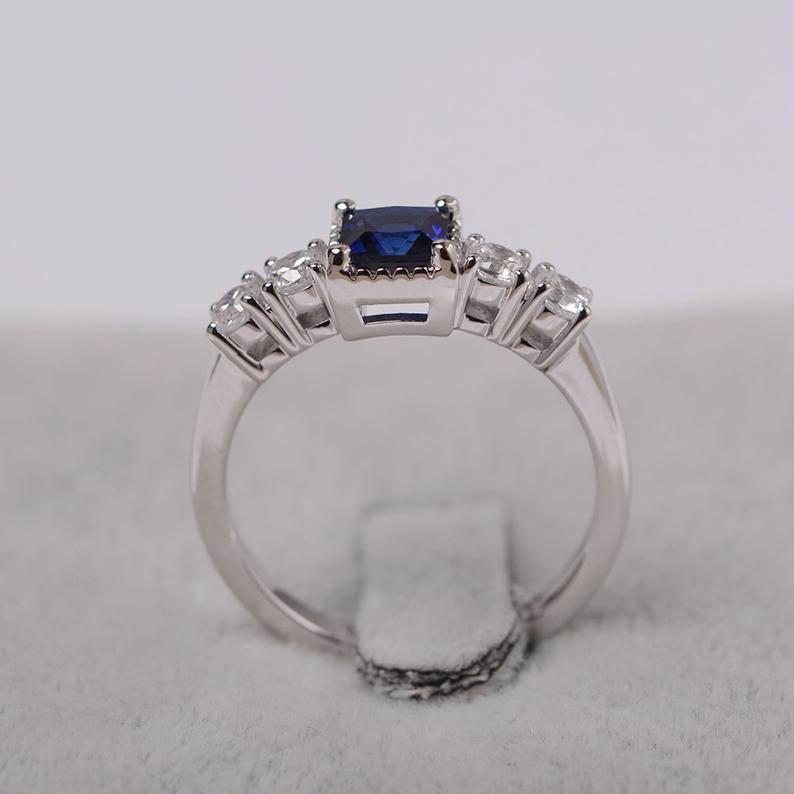 2.20 Ct Princess Cut Blue Sapphire 925 Sterling Silver Solitaire W/Accents Wedding Ring