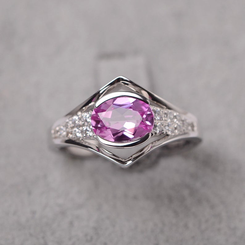 1.50 Ct Oval Cut Pink Sapphire 925 Sterling Silver Unique Solitaire W/Accents Anniversary Gift Ring
