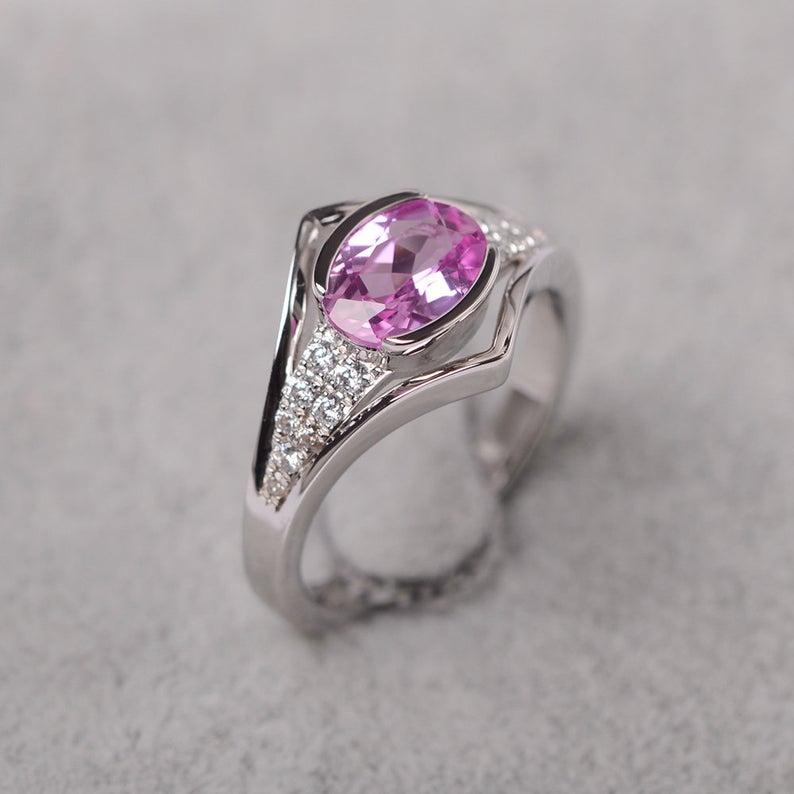 2 CT Oval Cut Pink Sapphire 925 Sterling Silver Solitaire W/Accents Wedding Ring