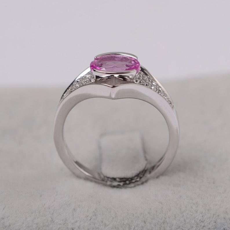 1.50 Ct Oval Cut Pink Sapphire 925 Sterling Silver Unique Solitaire W/Accents Anniversary Gift Ring