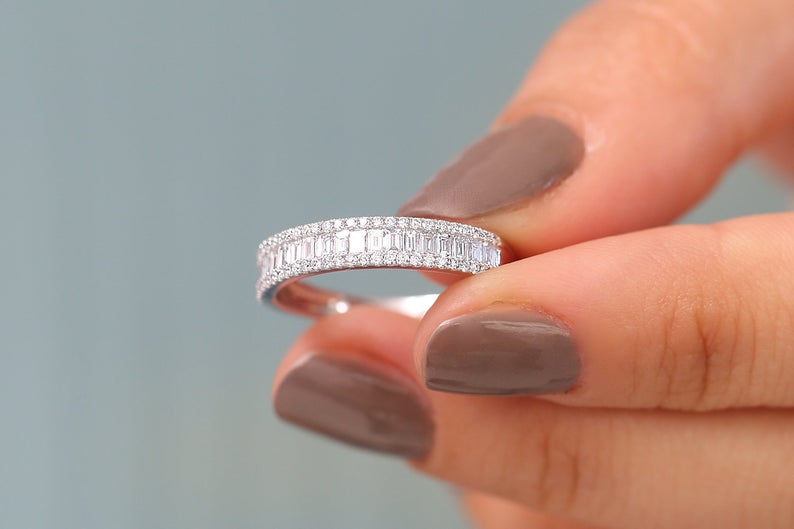 1.20 Ct Baguette Cut Diamond Half Eternity Engagement Band Ring In 925 Sterling Silver