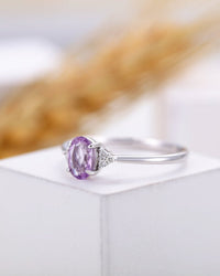 1 CT Oval Cut Amethyst Diamond White Gold Over On 925 Sterling Silver Solitaire With Accents Ring