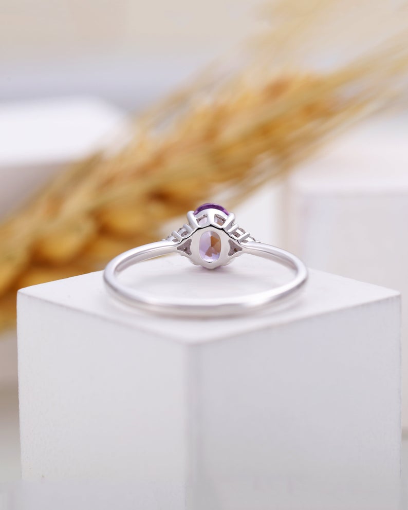 1 CT Oval Cut Amethyst Diamond White Gold Over On 925 Sterling Silver Solitaire With Accents Ring