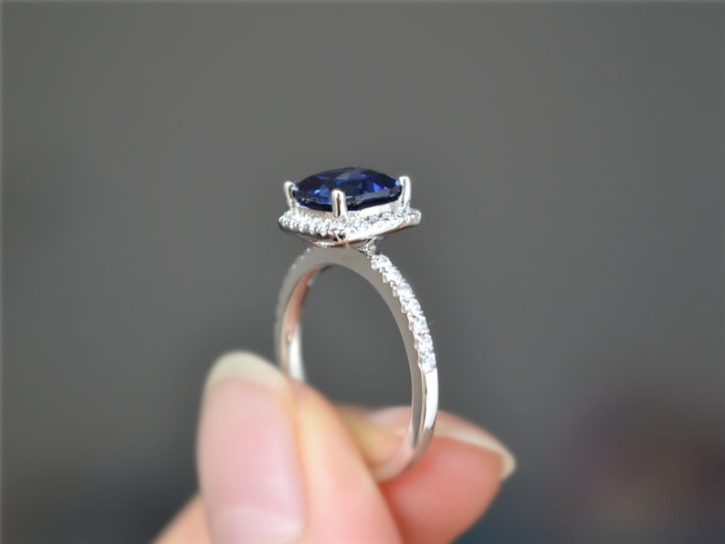 2 CT Cushion Cut Blue Sapphire Diamond 925 Sterling Silver Promise Ring Birthday Gift