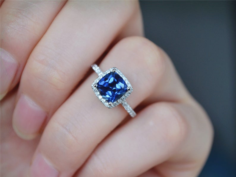 2 CT Cushion Cut Blue Sapphire Diamond 925 Sterling Silver Promise Ring Birthday Gift