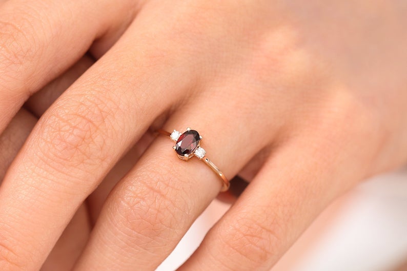 1 CT Oval Cut Red Garnet Diamond Rose Gold Over On Rose Gold Over On Three Stone Ring
