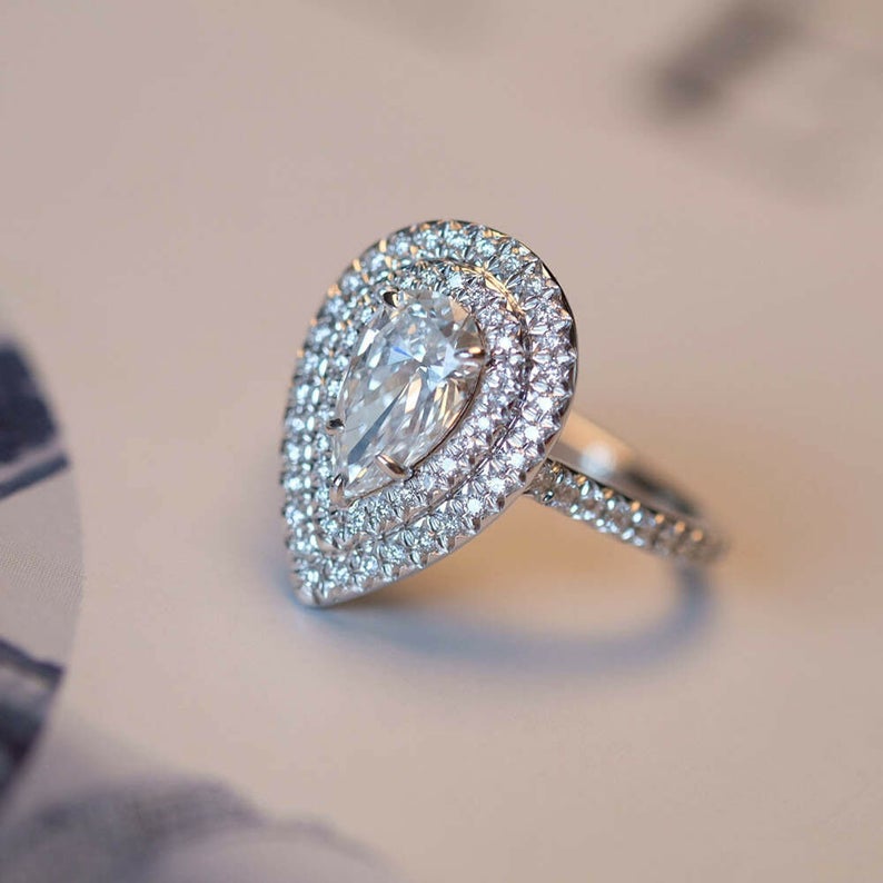 3.10 Ct Pear & Round Cut Diamond 925 Sterling Silver Double Halo Wedding Ring For Her