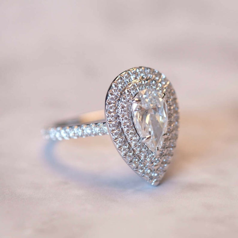 3.10 Ct Pear & Round Cut Diamond 925 Sterling Silver Double Halo Wedding Ring For Her