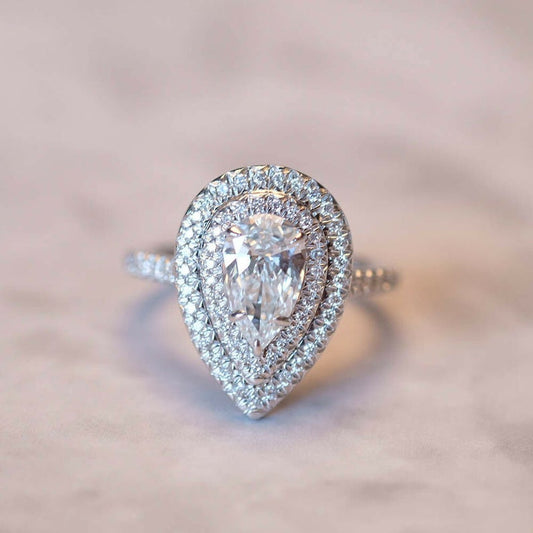 3.10 Ct Pear & Round Cut Diamond 925 Sterling Silver Double Halo Wedding Ring For Her