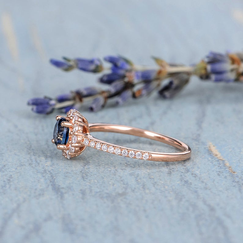 1.75 Ct Round Cut Blue Sapphire Rose Gold Over On 925 Sterling Silver Halo Engagement Ring