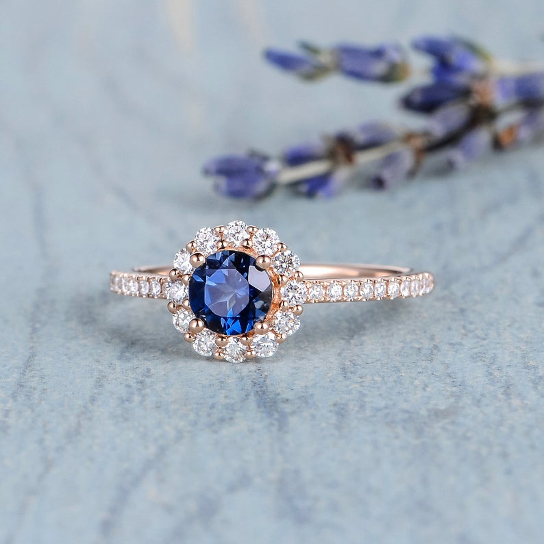 1.75 Ct Round Cut Blue Sapphire Rose Gold Over On 925 Sterling Silver Halo Engagement Ring