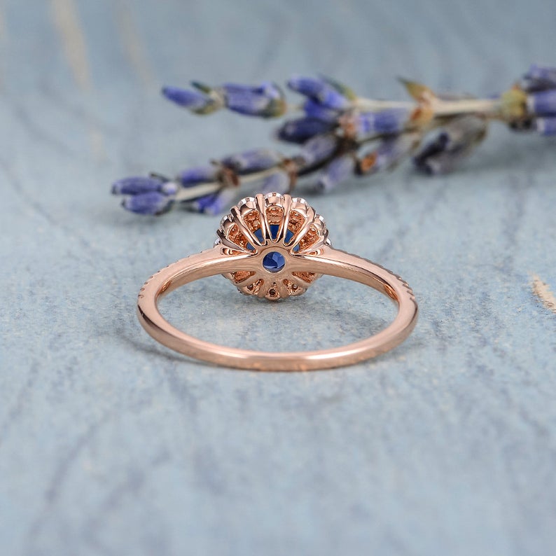 1.75 Ct Round Cut Blue Sapphire Rose Gold Over On 925 Sterling Silver Halo Engagement Ring