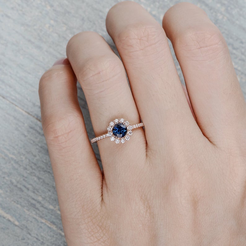 1.75 Ct Round Cut Blue Sapphire Rose Gold Over On 925 Sterling Silver Halo Engagement Ring
