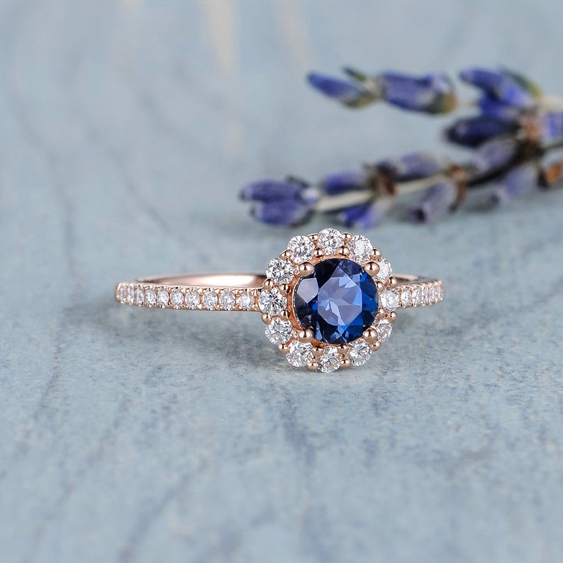 1.75 Ct Round Cut Blue Sapphire Rose Gold Over On 925 Sterling Silver Halo Engagement Ring