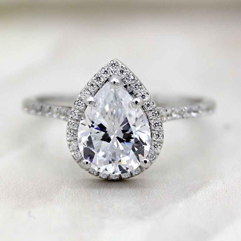 1.72 CT Pear Cut White Diamond White Gold Over On 925 Sterling Silver Halo Promise Ring For Women
