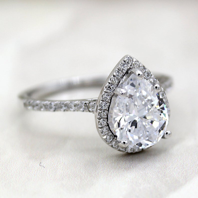 1.72 CT Pear Cut White Diamond White Gold Over On 925 Sterling Silver Halo Promise Ring For Women