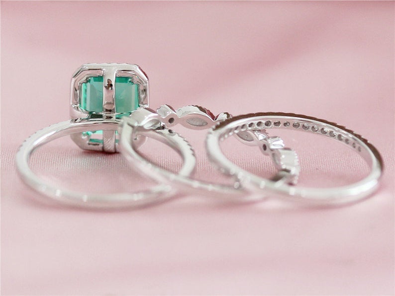 1 CT Emerald Cut Green Emerald Diamond 925 Sterling Silver Halo Wedding Trio Ring Set