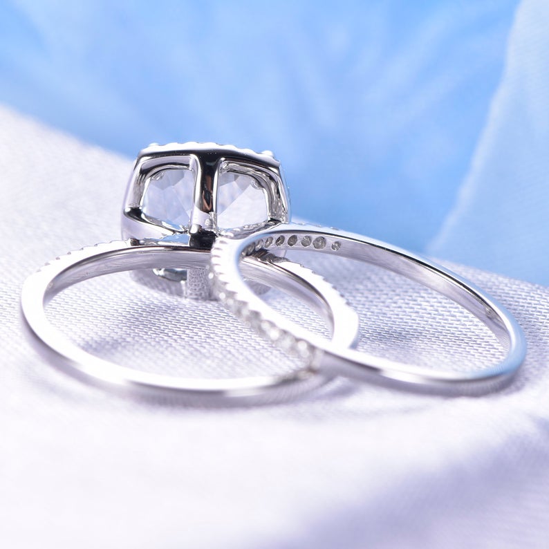 1 CT Cushion Cut White Topaz Diamond 925 Sterling Silver Halo Engagement Bridal Ring Set