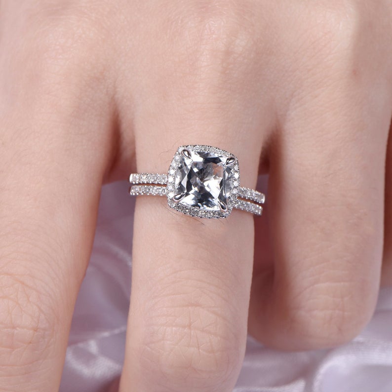 1 CT Cushion Cut White Topaz Diamond 925 Sterling Silver Halo Engagement Bridal Ring Set