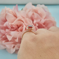 1 CT Emerald Cut Red Garnet Diamond Rose Gold Over On 925 Sterling Silver Halo Wedding Ring