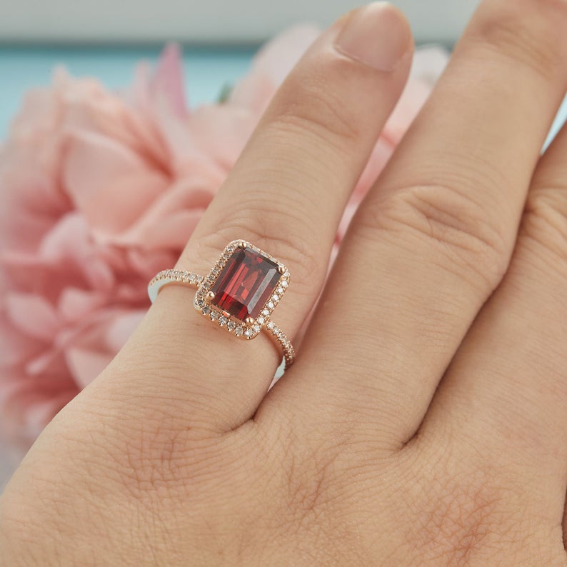 1 CT Emerald Cut Red Garnet Diamond Rose Gold Over On 925 Sterling Silver Halo Wedding Ring