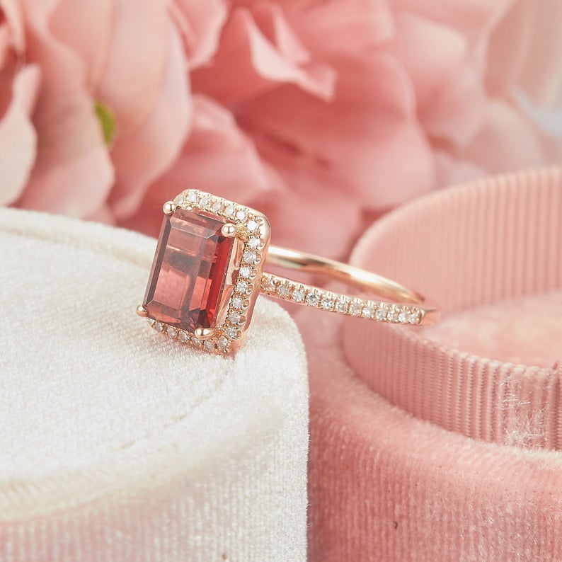 1 CT Emerald Cut Red Garnet Diamond Rose Gold Over On 925 Sterling Silver Halo Wedding Ring