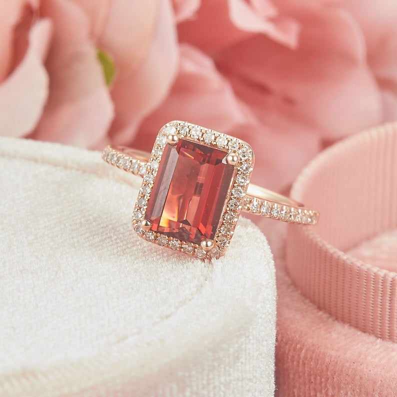 1 CT Emerald Cut Red Garnet Diamond Rose Gold Over On 925 Sterling Silver Halo Wedding Ring