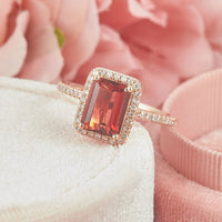 1 CT Emerald Cut Red Garnet Diamond Rose Gold Over On 925 Sterling Silver Halo Wedding Ring