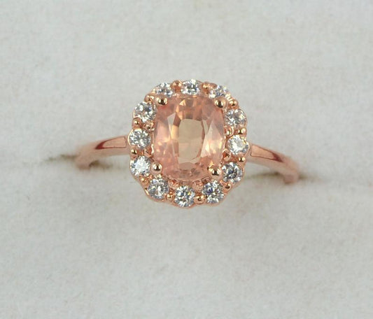 1 CT Oval Cut Morganite Diamond Rose Gold Over On 925 Sterling Silver Solitaire With Accent Ring