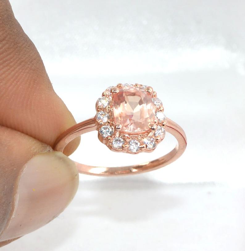 1 CT Oval Cut Morganite Diamond Rose Gold Over On 925 Sterling Silver Solitaire With Accent Ring