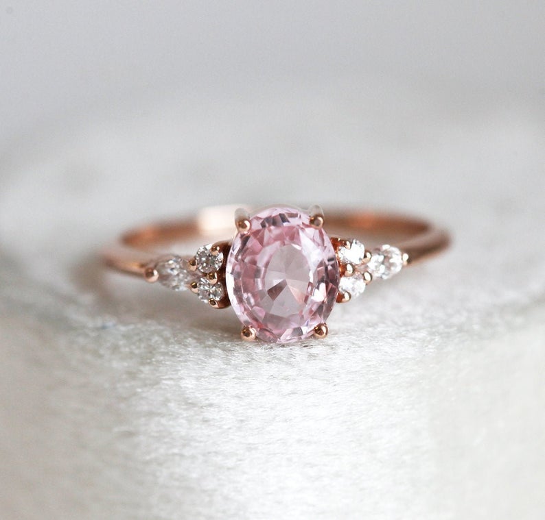 1 CT Oval Cut Pink Sapphire Diamond Rose Gold Over On 925 Sterling Silver Solitaire With Accents Ring