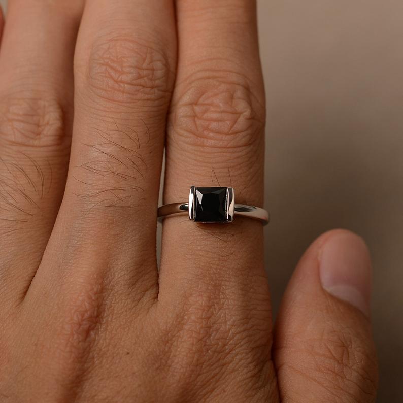 1.00 Ct Princess Cut Black Diamond Solitaire Ring In 925 Sterling Silver