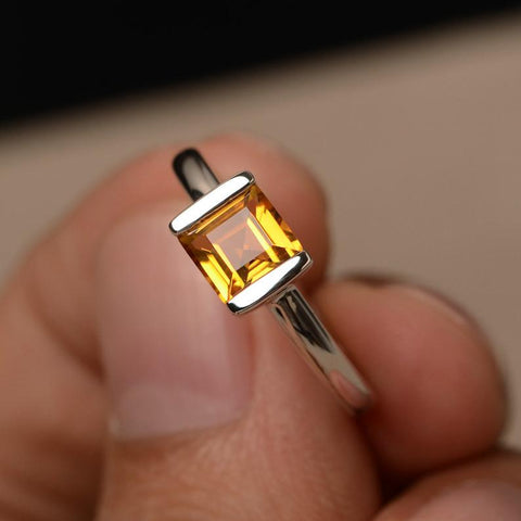 1 Ct Princess Cut Yellow Citrine 925 Sterling Silver Bezel Set Solitaire Promise Ring