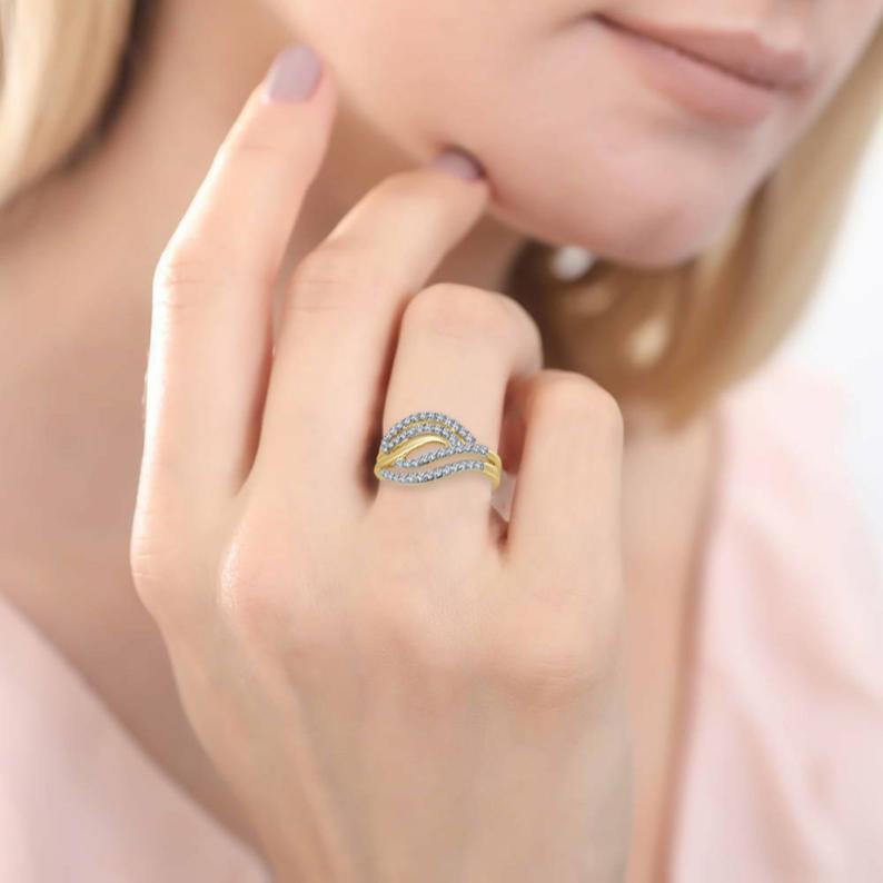 2 Ct Brilliant Cut White Diamond Two-Tone Engagement Wave Ring In 925 Sterling Silver