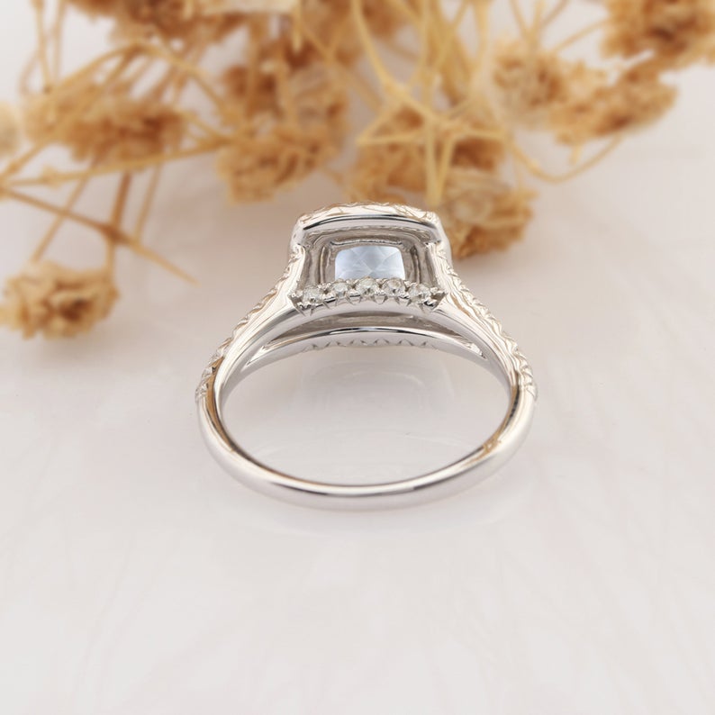 1.1 CT Cushion Cut Aquamarine Diamond 925 Sterling Silver Halo Promise Ring