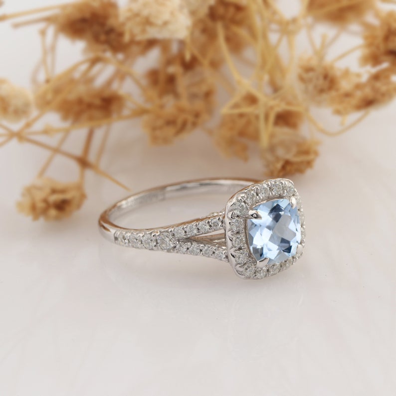 1.1 CT Cushion Cut Aquamarine Diamond 925 Sterling Silver Halo Promise Ring