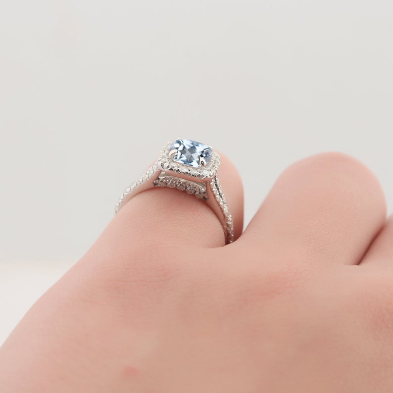 1.1 CT Cushion Cut Aquamarine Diamond 925 Sterling Silver Halo Promise Ring